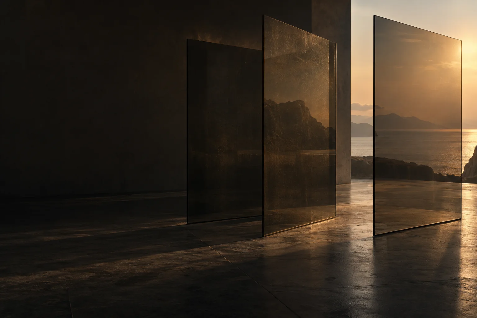 Bronze glass panels framing a coastal landscape